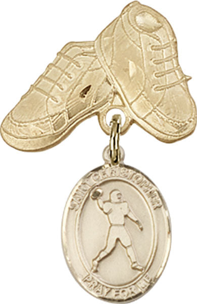 14kt Gold Baby Badge with St. Christopher/Football Charm and Baby Boots Pin