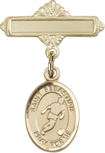 14kt Gold Filled Baby Badge with St. Sebastian/Soccer Charm and Polished Badge Pin