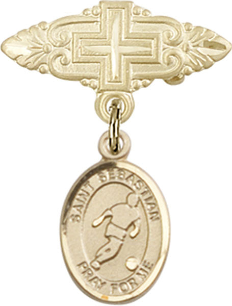 14kt Gold Filled Baby Badge with St. Sebastian/Soccer Charm and Badge Pin with Cross