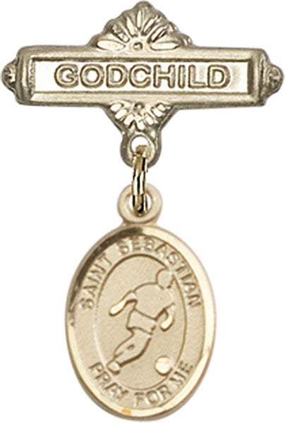 14kt Gold Filled Baby Badge with St. Sebastian/Soccer Charm and Godchild Badge Pin