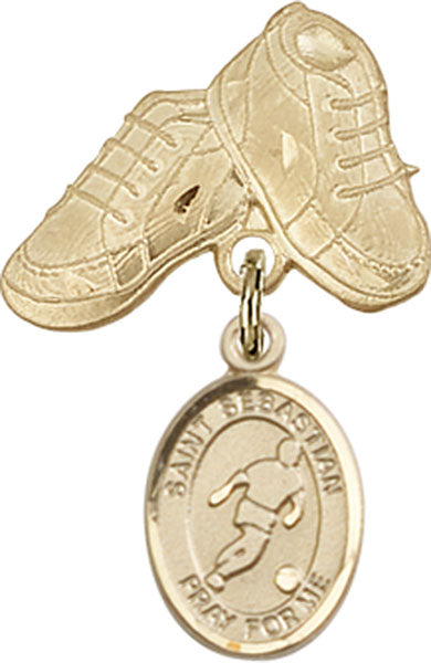 14kt Gold Filled Baby Badge with St. Sebastian/Soccer Charm and Baby Boots Pin