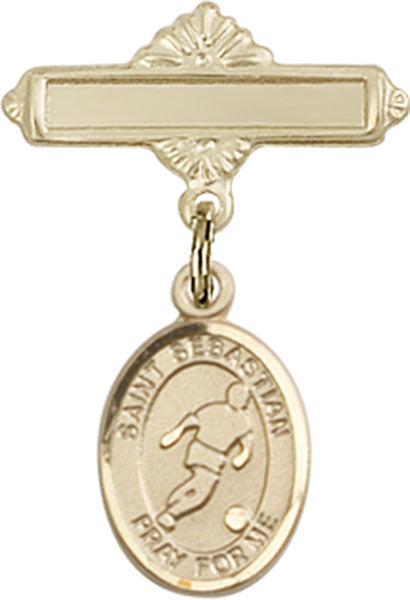 14kt Gold Baby Badge with St. Sebastian/Soccer Charm and Polished Badge Pin