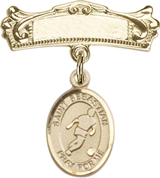 14kt Gold Baby Badge with St. Sebastian/Soccer Charm and Arched Polished Badge Pin