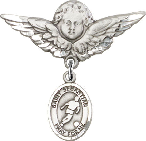 Sterling Silver Baby Badge with St. Sebastian/Soccer Charm and Angel w/Wings Badge Pin