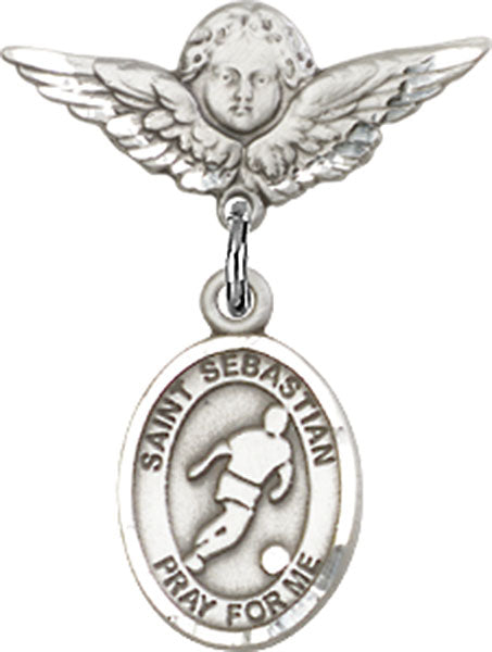Sterling Silver Baby Badge with St. Sebastian/Soccer Charm and Angel w/Wings Badge Pin