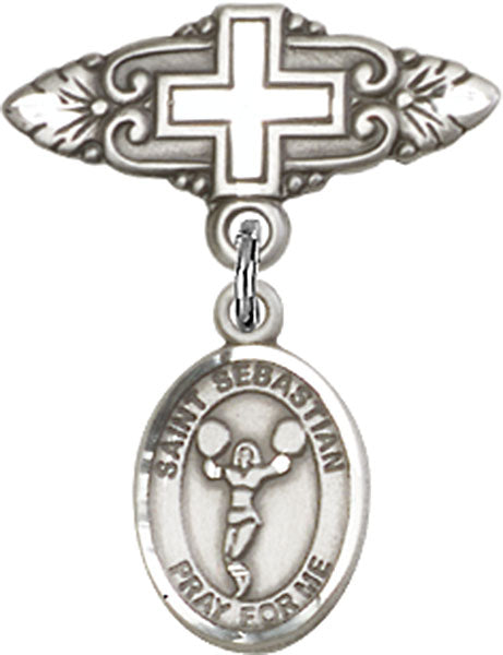 Sterling Silver Baby Badge with St. Sebastian/Cheerleading Charm and Badge Pin with Cross