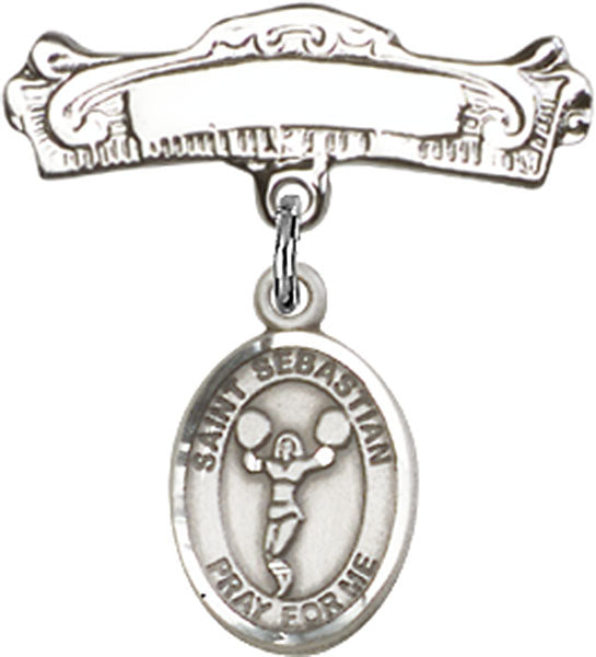 Sterling Silver Baby Badge with St. Sebastian/Cheerleading Charm and Arched Polished Badge Pin