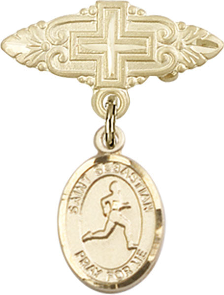 14kt Gold Filled Baby Badge with St. Sebastian/Track & Field Charm and Badge Pin with Cross
