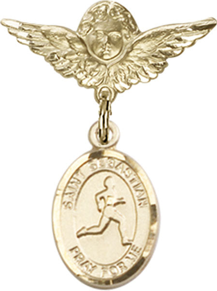 14kt Gold Filled Baby Badge with St. Sebastian/Track & Field Charm and Angel w/Wings Badge Pin