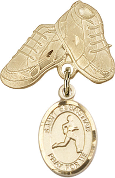 14kt Gold Filled Baby Badge with St. Sebastian/Track & Field Charm and Baby Boots Pin