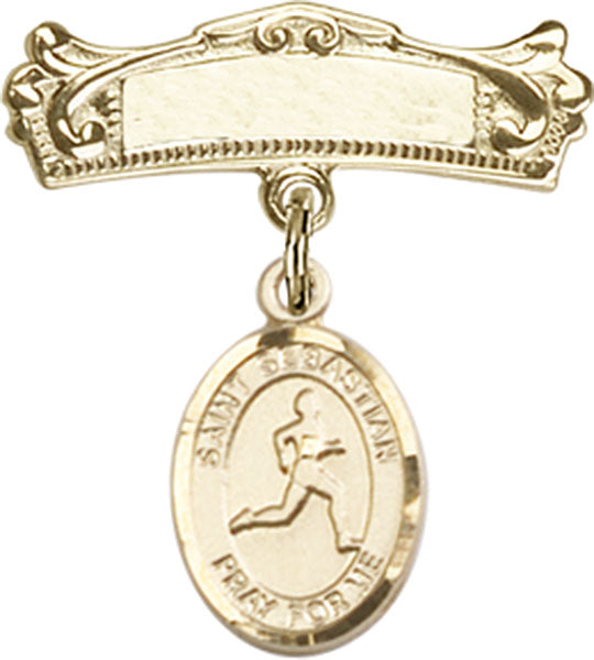 14kt Gold Baby Badge with St. Sebastian/Track & Field Charm and Arched Polished Badge Pin
