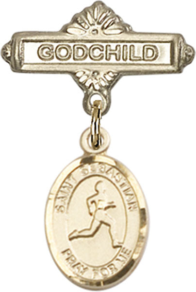 14kt Gold Baby Badge with St. Sebastian/Track & Field Charm and Godchild Badge Pin