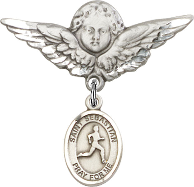 Sterling Silver Baby Badge with St. Sebastian/Track & Field Charm and Angel w/Wings Badge Pin