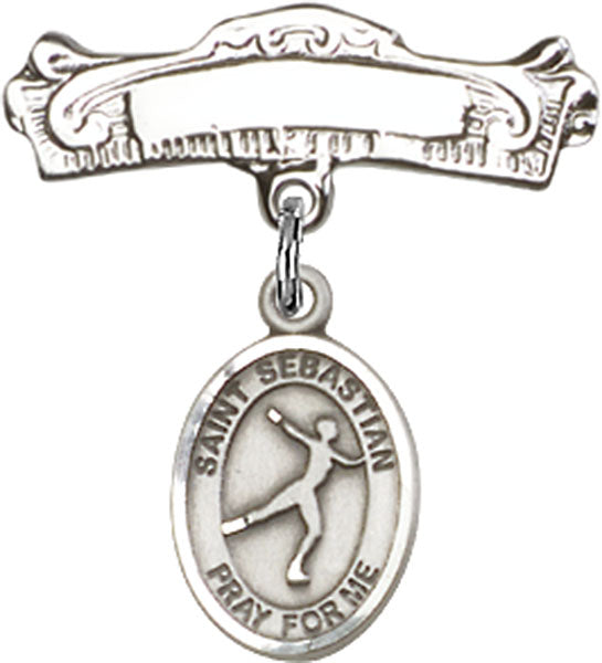 Sterling Silver Baby Badge with St. Sebastian/Figure Skating Charm and Arched Polished Badge Pin