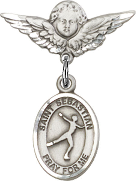 Sterling Silver Baby Badge with St. Sebastian/Figure Skating Charm and Angel w/Wings Badge Pin