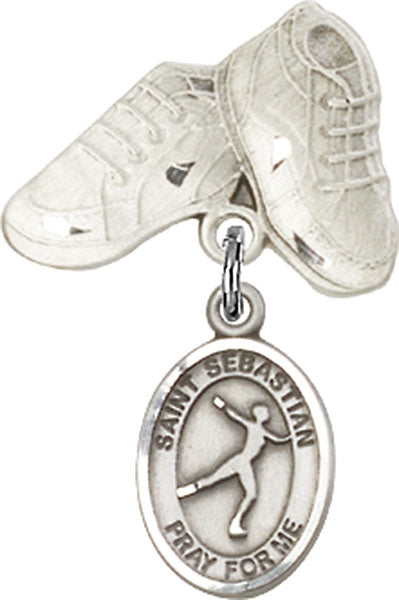 Sterling Silver Baby Badge with St. Sebastian/Figure Skating Charm and Baby Boots Pin
