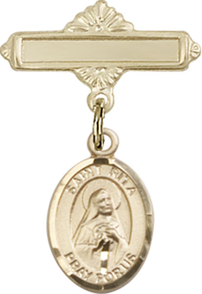 14kt Gold Filled Baby Badge with St. Rita / Baseball Charm and Polished Badge Pin