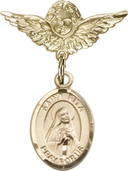 14kt Gold Filled Baby Badge with St. Rita / Baseball Charm and Angel w/Wings Badge Pin