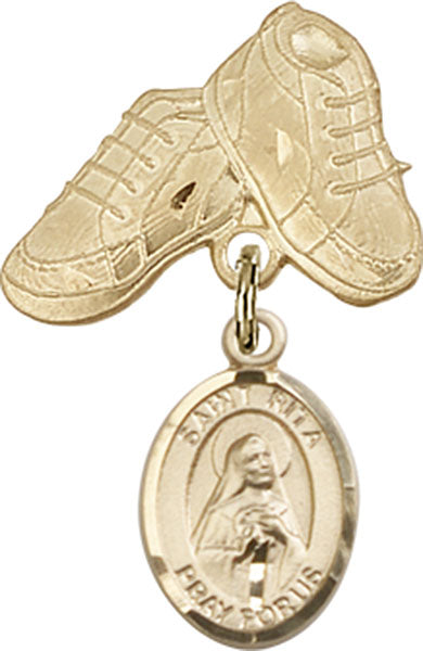14kt Gold Filled Baby Badge with St. Rita / Baseball Charm and Baby Boots Pin