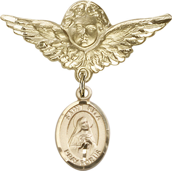 14kt Gold Baby Badge with St. Rita / Baseball Charm and Angel w/Wings Badge Pin