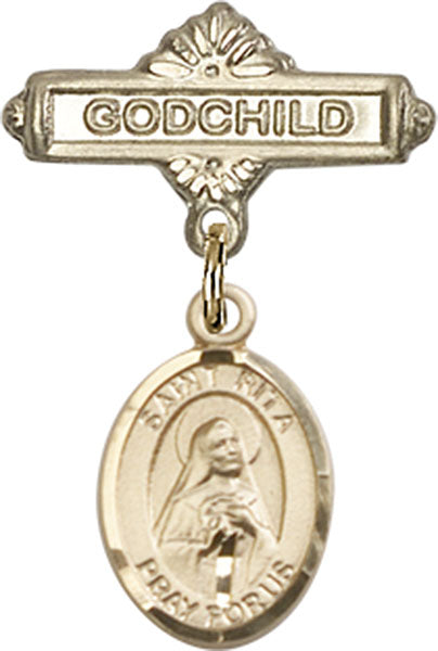 14kt Gold Baby Badge with St. Rita / Baseball Charm and Godchild Badge Pin