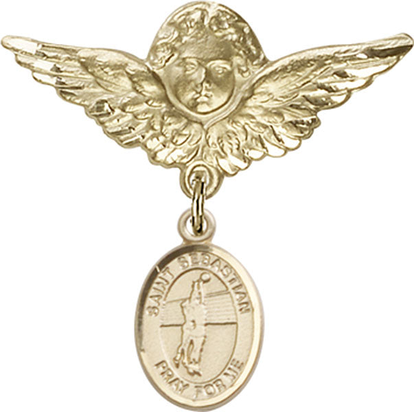 14kt Gold Filled Baby Badge with St. Sebastian / Volleyball Charm and Angel w/Wings Badge Pin