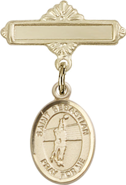 14kt Gold Baby Badge with St. Sebastian / Volleyball Charm and Polished Badge Pin