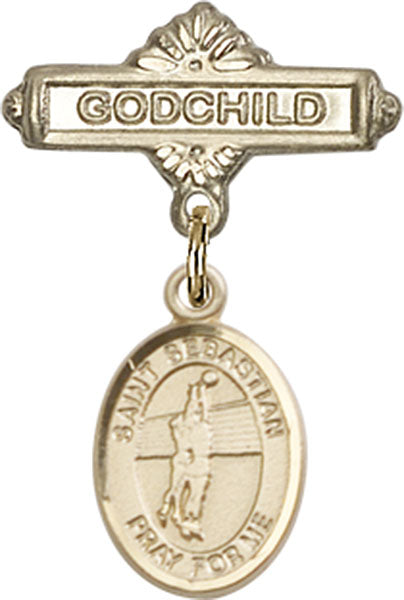 14kt Gold Baby Badge with St. Sebastian / Volleyball Charm and Godchild Badge Pin