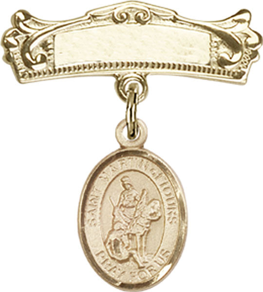 14kt Gold Filled Baby Badge with St. Martin of Tours Charm and Arched Polished Badge Pin
