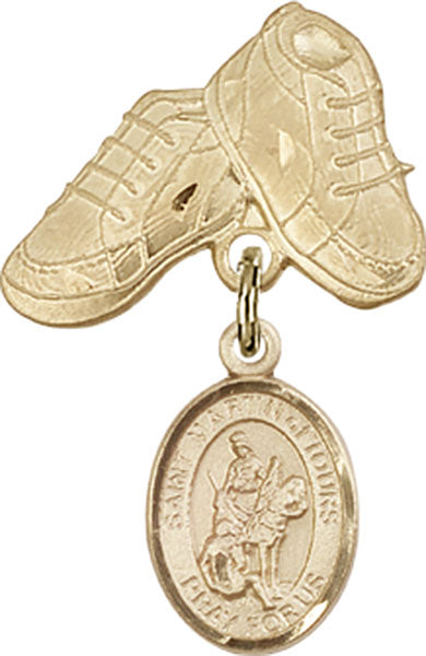 14kt Gold Filled Baby Badge with St. Martin of Tours Charm and Baby Boots Pin