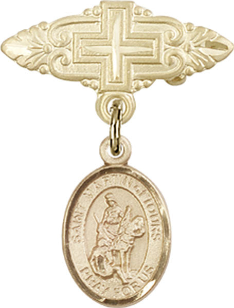 14kt Gold Baby Badge with St. Martin of Tours Charm and Badge Pin with Cross