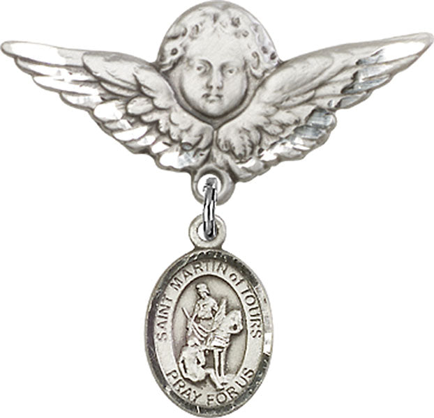 Sterling Silver Baby Badge with St. Martin of Tours Charm and Angel w/Wings Badge Pin