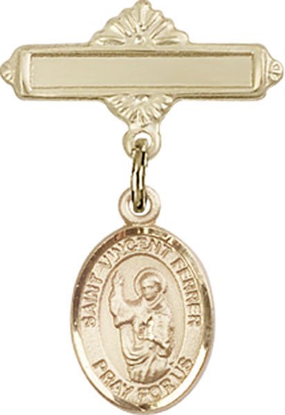 14kt Gold Filled Baby Badge with St. Vincent Ferrer Charm and Polished Badge Pin