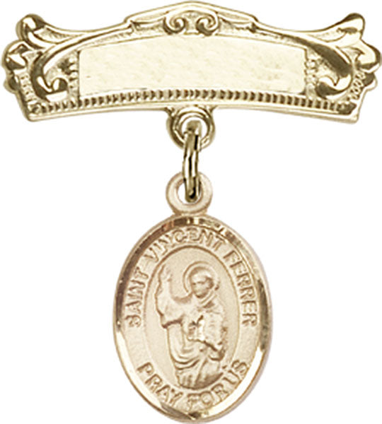 14kt Gold Filled Baby Badge with St. Vincent Ferrer Charm and Arched Polished Badge Pin
