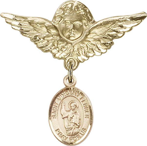 14kt Gold Filled Baby Badge with St. Vincent Ferrer Charm and Angel w/Wings Badge Pin