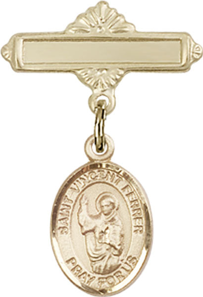 14kt Gold Baby Badge with St. Vincent Ferrer Charm and Polished Badge Pin