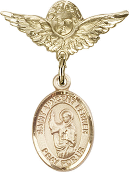 14kt Gold Baby Badge with St. Vincent Ferrer Charm and Angel w/Wings Badge Pin