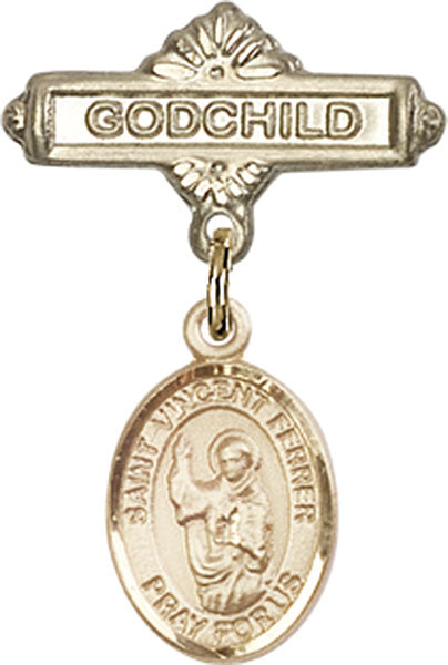 14kt Gold Baby Badge with St. Vincent Ferrer Charm and Godchild Badge Pin