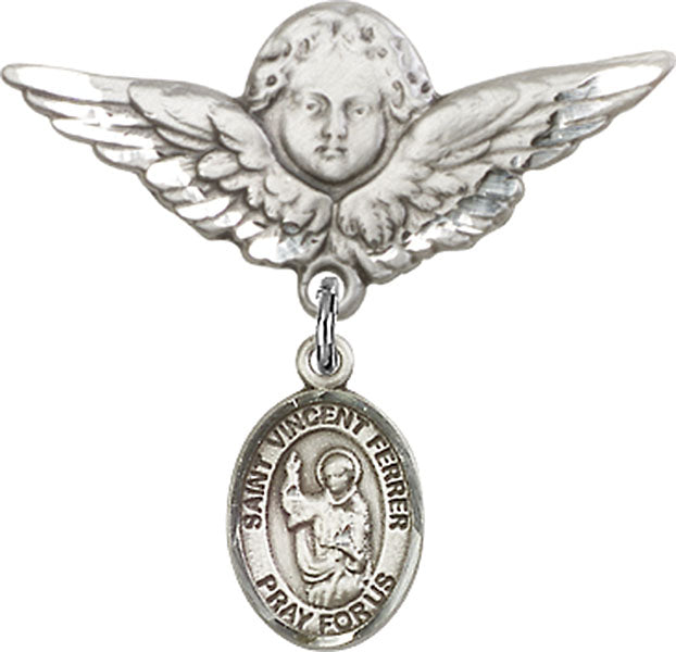 Sterling Silver Baby Badge with St. Vincent Ferrer Charm and Angel w/Wings Badge Pin