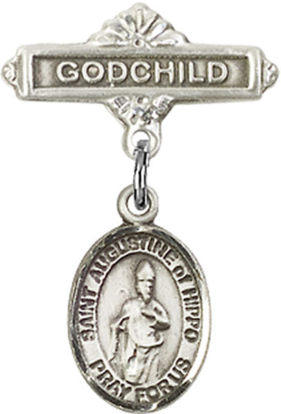 Sterling Silver Baby Badge with St. Augustine of Hippo Charm and Godchild Badge Pin