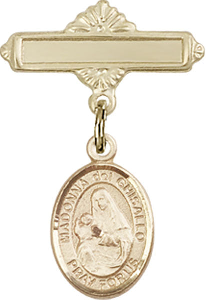14kt Gold Filled Baby Badge with St. Madonna Del Ghisallo Charm and Polished Badge Pin