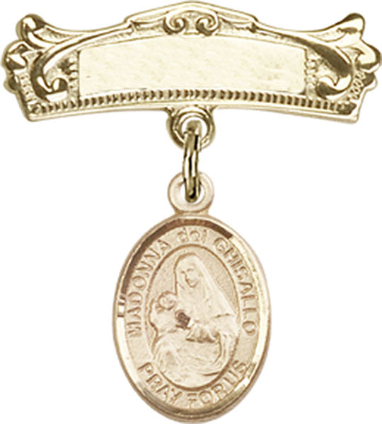 14kt Gold Filled Baby Badge with St. Madonna Del Ghisallo Charm and Arched Polished Badge Pin