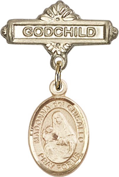 14kt Gold Filled Baby Badge with St. Madonna Del Ghisallo Charm and Godchild Badge Pin