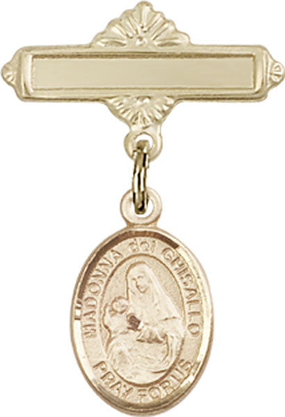 14kt Gold Baby Badge with St. Madonna Del Ghisallo Charm and Polished Badge Pin