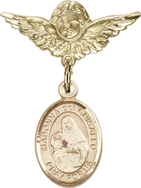 14kt Gold Baby Badge with St. Madonna Del Ghisallo Charm and Angel w/Wings Badge Pin