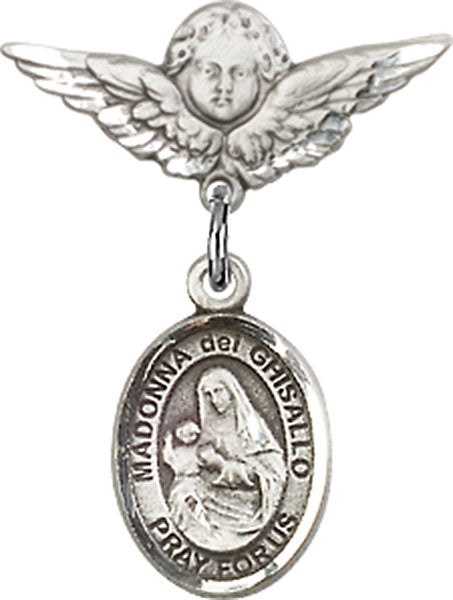 Sterling Silver Baby Badge with St. Madonna Del Ghisallo Charm and Angel w/Wings Badge Pin