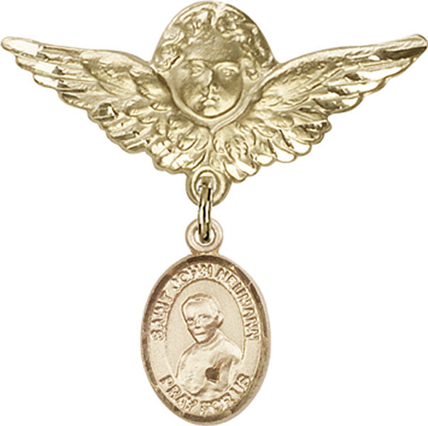 14kt Gold Filled Baby Badge with St. John Neumann Charm and Angel w/Wings Badge Pin