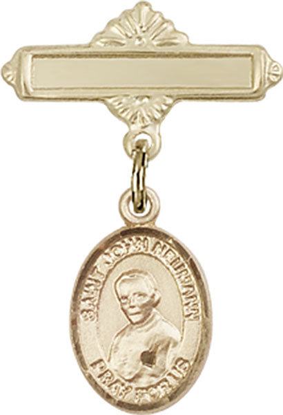 14kt Gold Baby Badge with St. John Neumann Charm and Polished Badge Pin