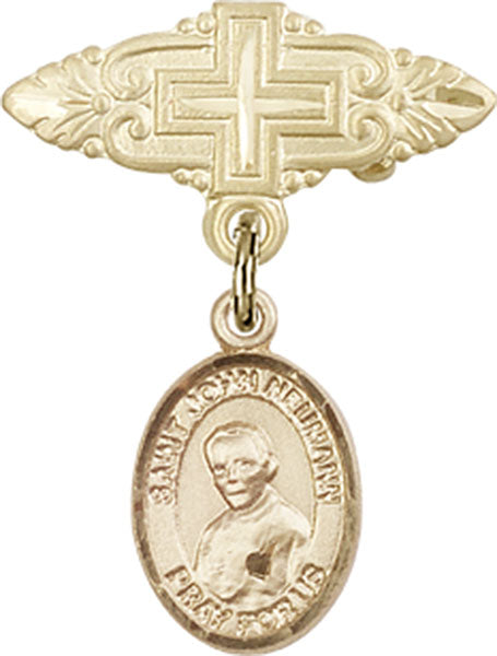 14kt Gold Baby Badge with St. John Neumann Charm and Badge Pin with Cross