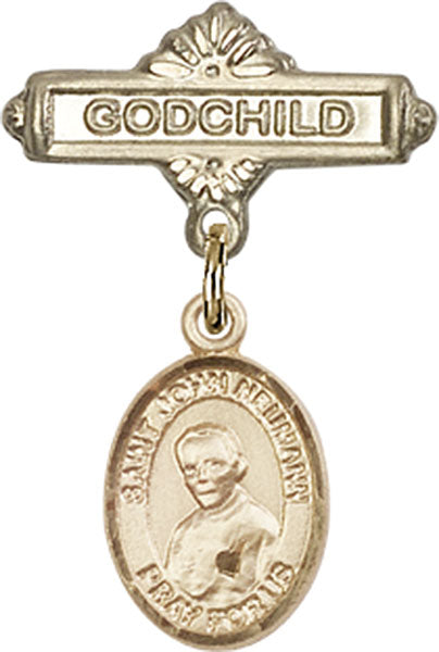 14kt Gold Baby Badge with St. John Neumann Charm and Godchild Badge Pin
